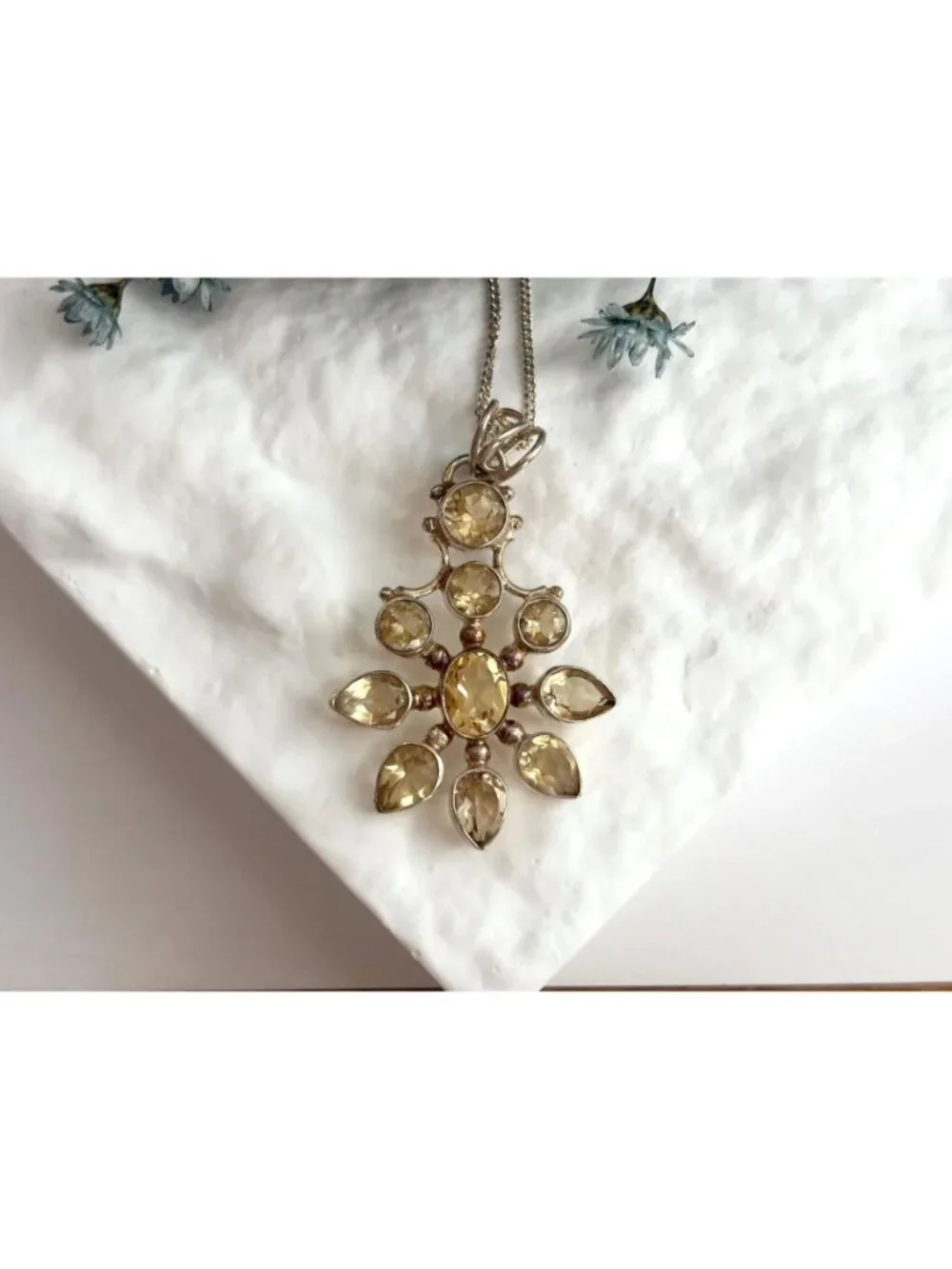 Snowflake Shaped Citrine Sterling Silver 925 Vintage Pendant Necklace - 18